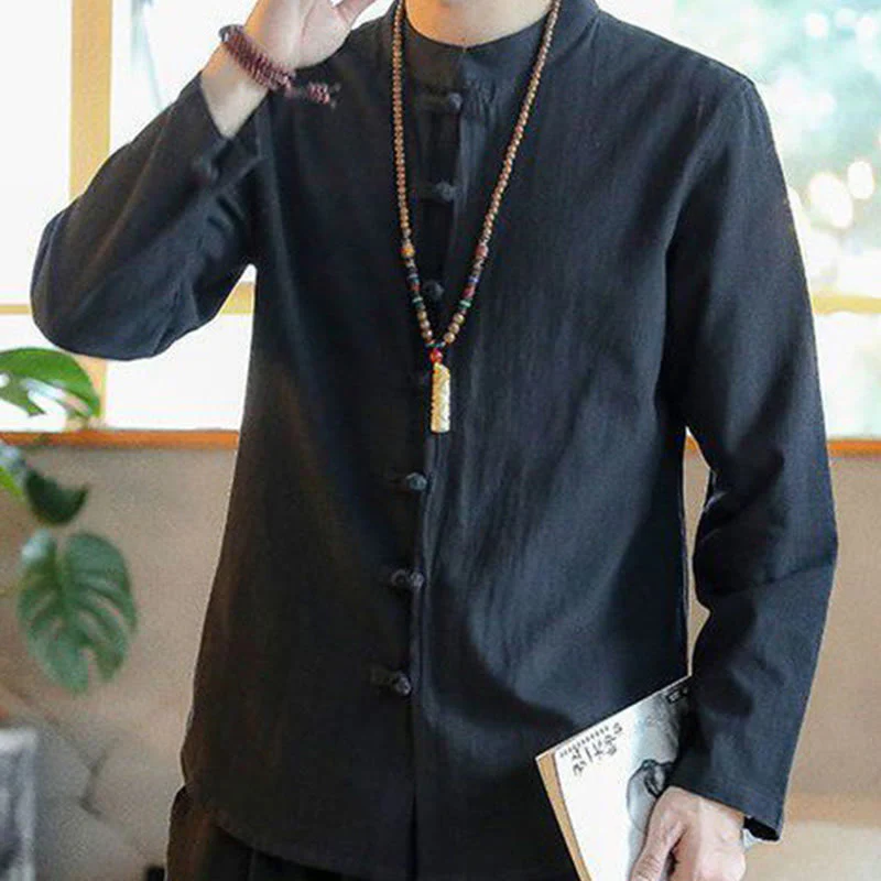 Buddha Stones Casual Stand Collar Frog-Button Long Sleeve Tang Suit Linen Men's Shirt