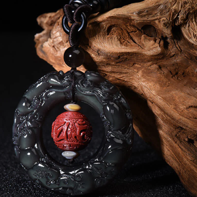 Buddha Stones FengShui Natural Rainbow Obsidian PiXiu Cinnabar Healing Necklace Pendant