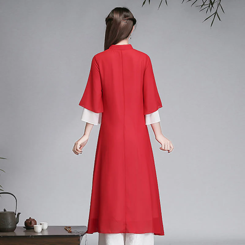 Buddha Stones Solid Women's Three Quarter Sleeve Chiffon Irregular Shirt Dress Wide Leg Pants Meditation Clothing