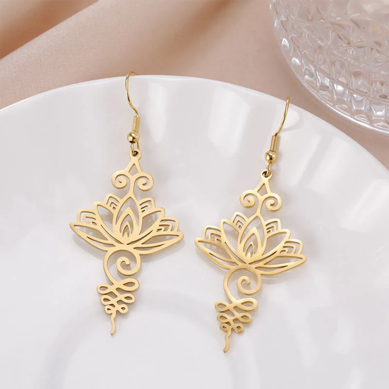 Buddha Stones Hollow Lotus Flower Stainless Steel Enlightenment Metal Drop Earrings