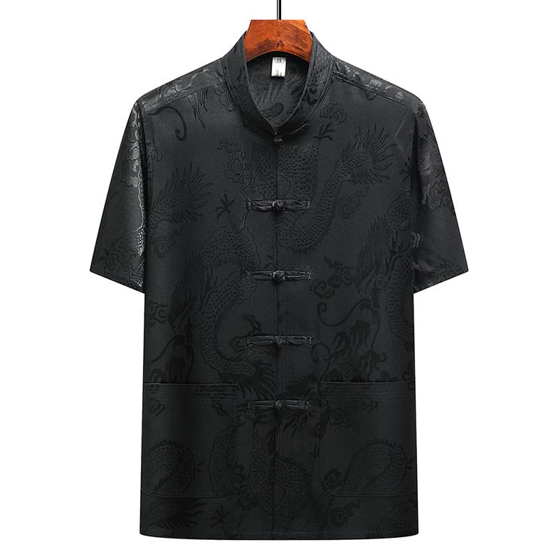 Buddha Stones Dragon Pattern Tang Suit Hanfu Traditional Uniform Short Sleeve Top Pants Clothing Men's Set