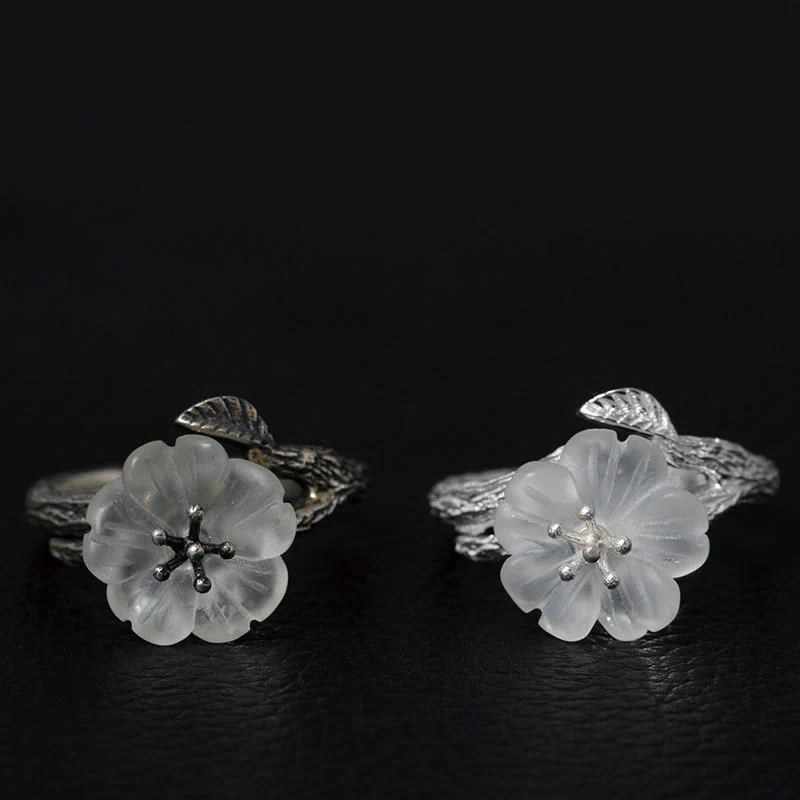 Buddha Stones 925 Sterling Silver White Crystal Skeleton Flower Adjustable Healing Ring