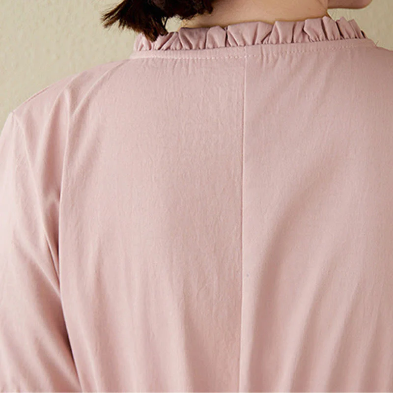 Buddha Stones Three-Dimensional Flower Design Ruffled Neck Cotton Linen Midi Dress With Pockets