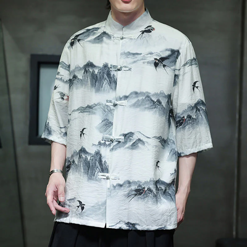 Buddha Stones Ink Painting Mountains Chinese Frog-Button Tang Suit Men's Half Sleeve Cotton Linen Shirt