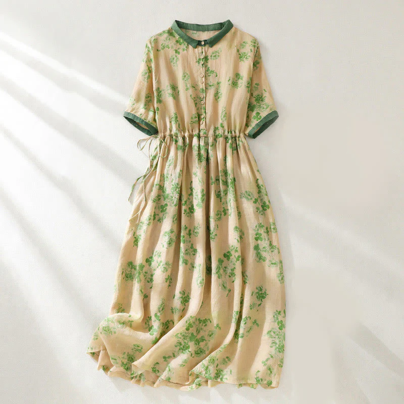 Buddha Stones Retro Printing Buttons Design Drawstring High Waist Cotton Midi Dress With Pockets