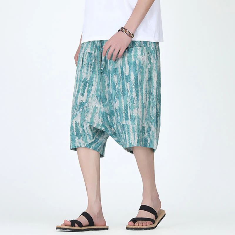 Buddha Stones Summer Stripes Cotton Linen Men's Capri Pants With Pockets