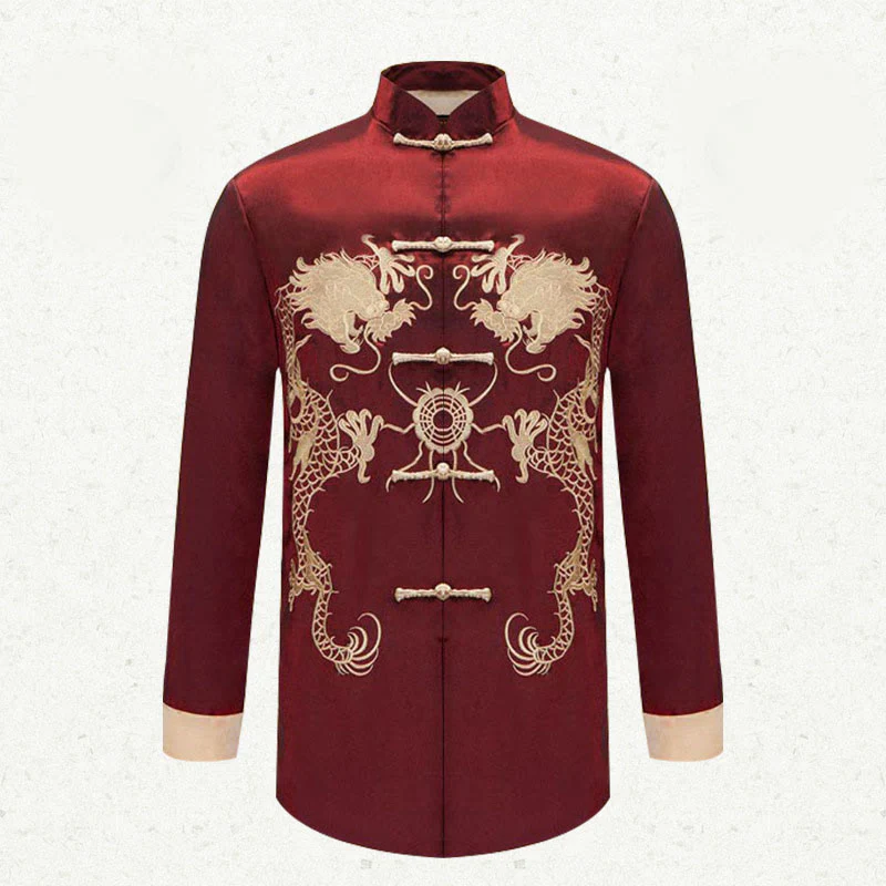 Buddha Stones Embroider Dragon Turned Sleeves Casual Frog-button Polyester Fiber Men's Jacket Shirt Pants Clothing