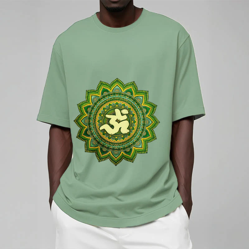 Buddha Stones Casual Green Mandala Om Symbol Pattern Cotton Tee T-shirt