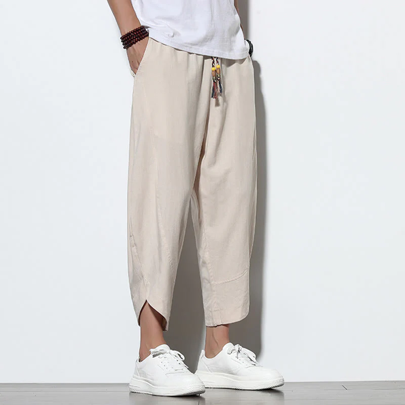 Buddha Stones Casual Summer Drawstring 7-8 Length Linen Men's Harem Pants With Pockets