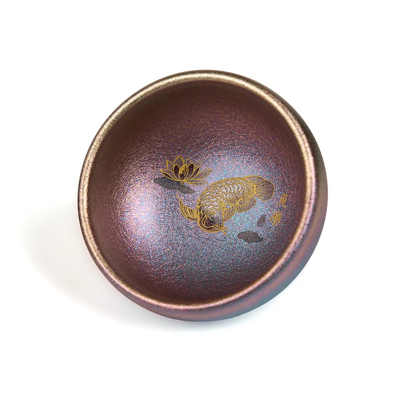 Buddha Stones Handmade Chinese Jianzhan Koi Fish Lotus Leaf Ceramic Teacup Kung Fu Tea Cup 150ml