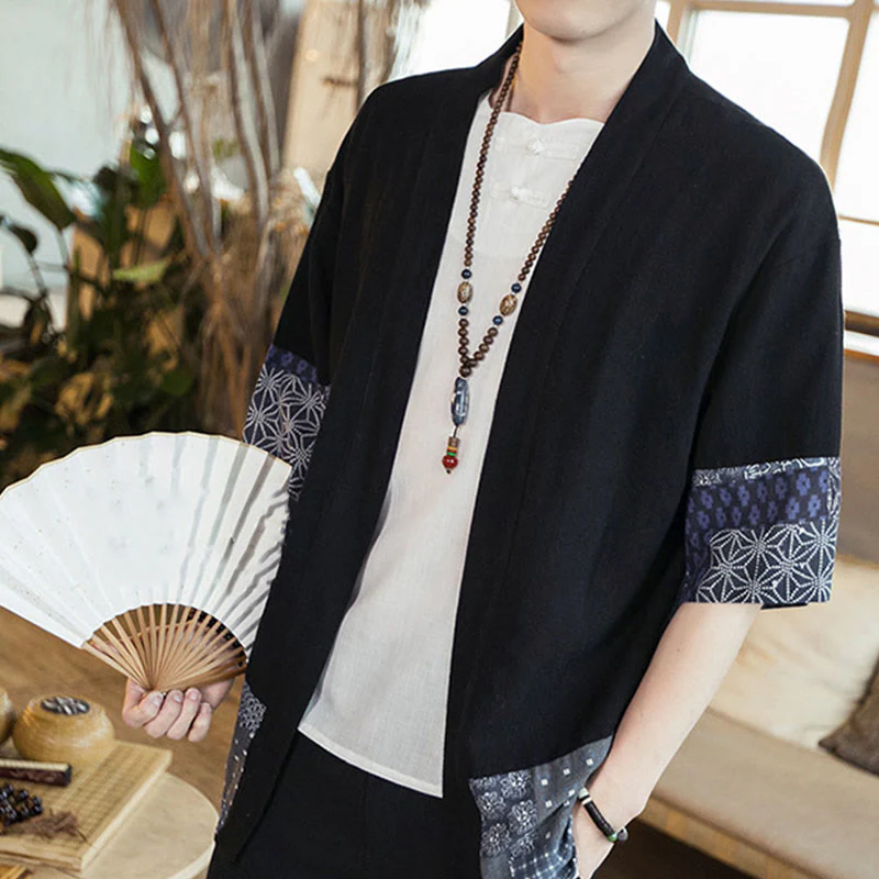Buddha Stones Ethnic Printing Patchwork Design Open Front Jacket Cotton Linen Men's Kimono