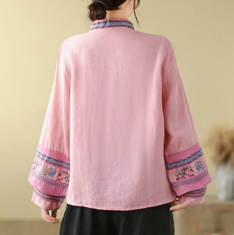 Buddha Stones Embroidered Slanted Buttons Cotton Linen Women's Shirt
