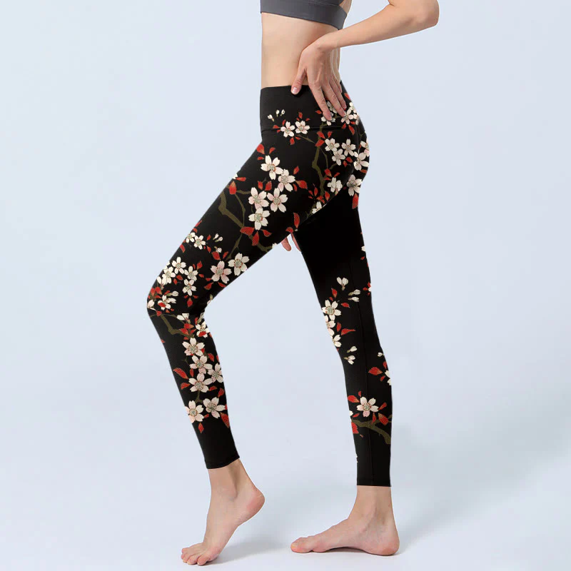 Buddha Stones White Cherry Blossoms Red Leaves Print Gym Leggings Women's Yoga Pants