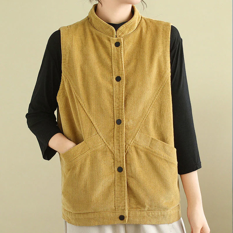 Buddha Stones Plain Sleeveless Women's Cotton Vest Corduroy Waistcoat With Pockets