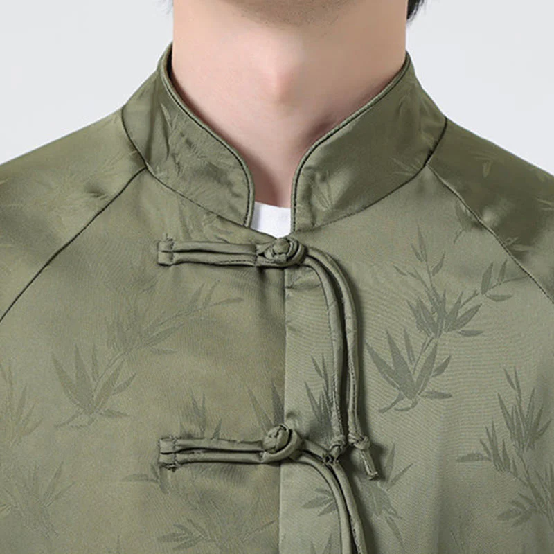 Buddha Stones Spring Jacquard Bamboo Leaves Pattern Chinese Frog-Button Design Men's Long Sleeve Shirt