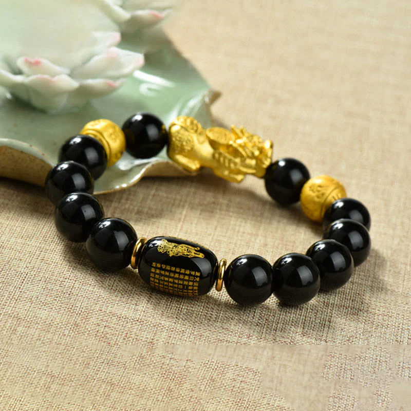 Buddha Stones Fengshui Copper Pixiu Rainbow Obsidian Beads Wealth Bracelet