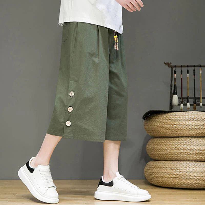 Buddha Stones Casual Plain Side Button Design Drawstring Men's Cotton Cropped Pants With Pockets