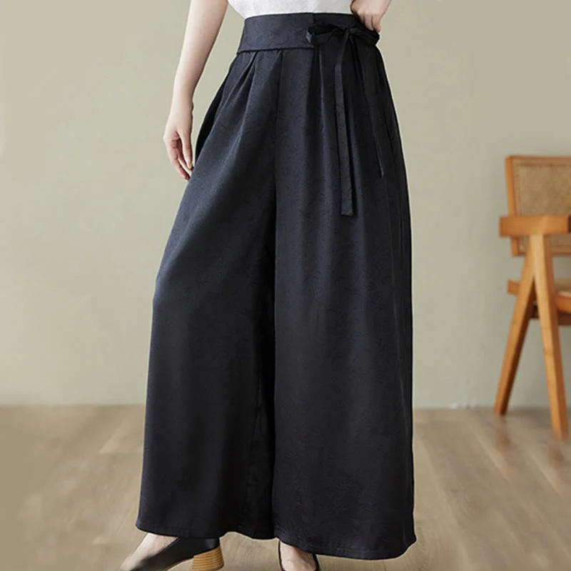 Buddha Stones Casual Jacquard Lace-up Cotton Women's Wide Leg Pants With Pockets
