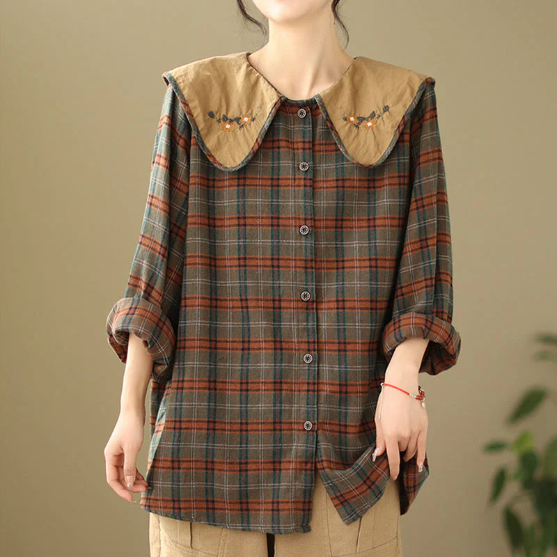 Buddha Stones Embroidered Plaid Pattern Cotton Women's Shirt