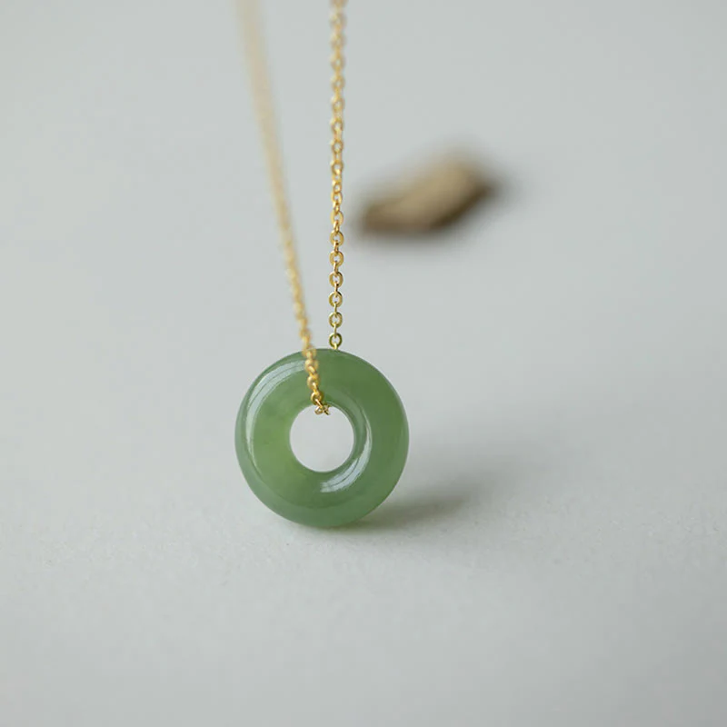 Buddha Stones 925 Sterling Silver Plated Gold Hetian Jade Peace Buckle Necklace Pendant