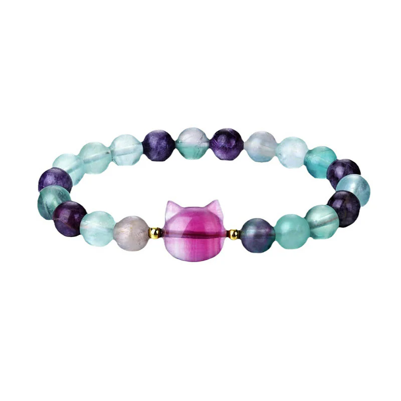 Buddha Stones Amethyst Green Aventurine Rose Quartz Fluorite Cat Head Balance Luck Bracelet