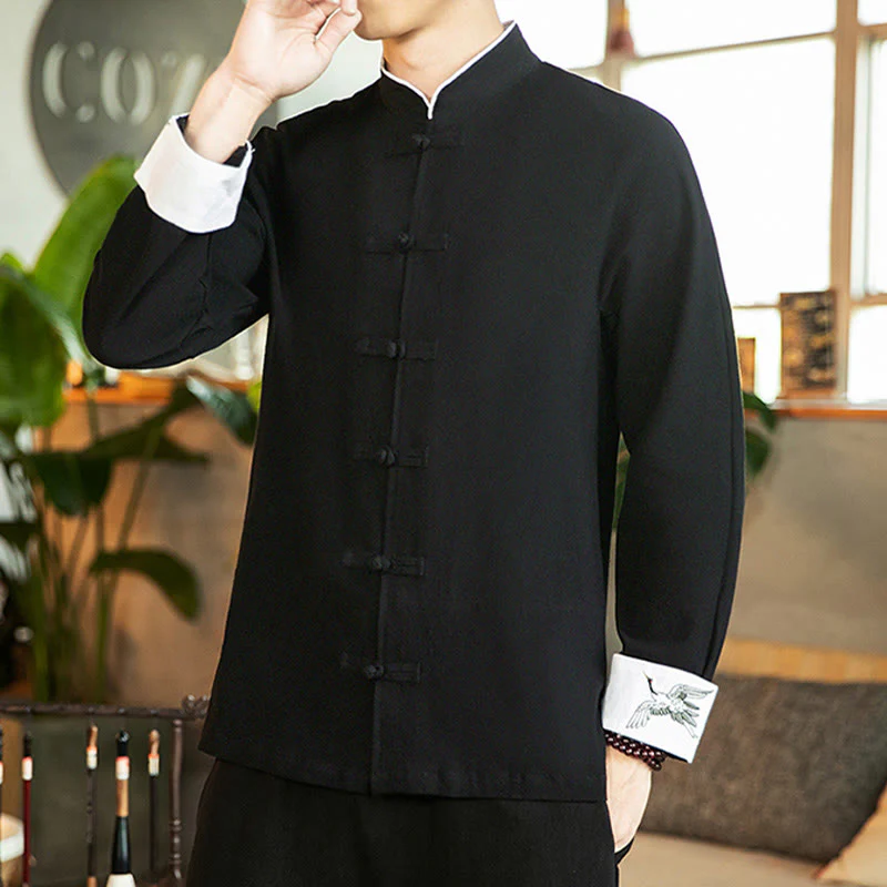 Buddha Stones Tang Suit Frog-Button Crane Embroidery Long Sleeve Cotton Men's Shirt