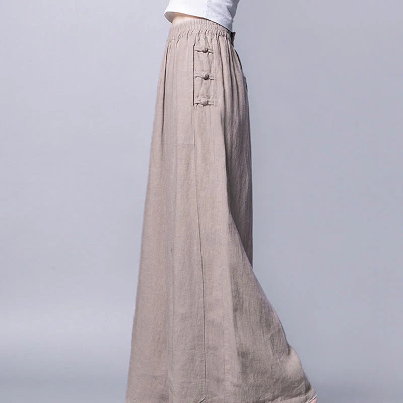 Buddha Stones Casual Cotton Frog-Button High Waist Wide Leg Pants With Pockets