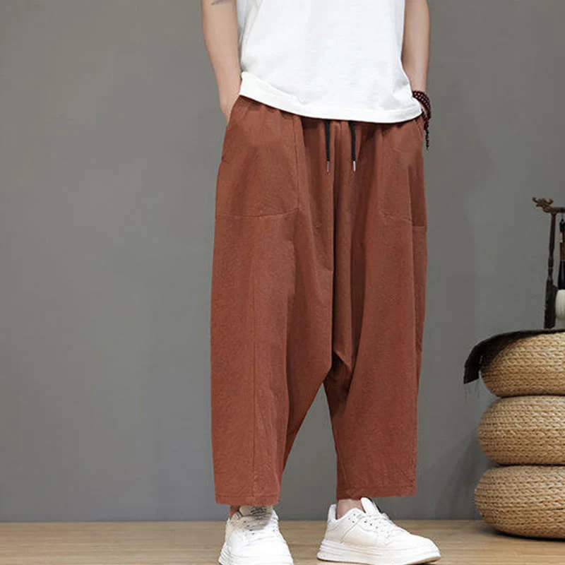 Buddha Stones Casual Plain Low Crotch Design Drawstring Men's Cotton Elastic Waistband Wide Leg Pants With Pockets