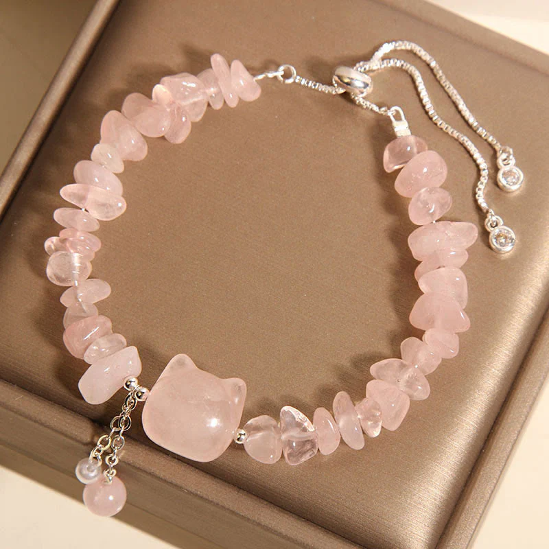 Buddha Stones Natural Pink Crystal Agate Gravel Stone Cat Head Soothing Bracelet