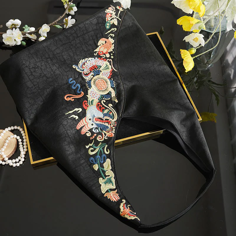 Buddha Stones Fish Flower Phoenix Embroidery Xiangyunsha Silk Shoulder Bag