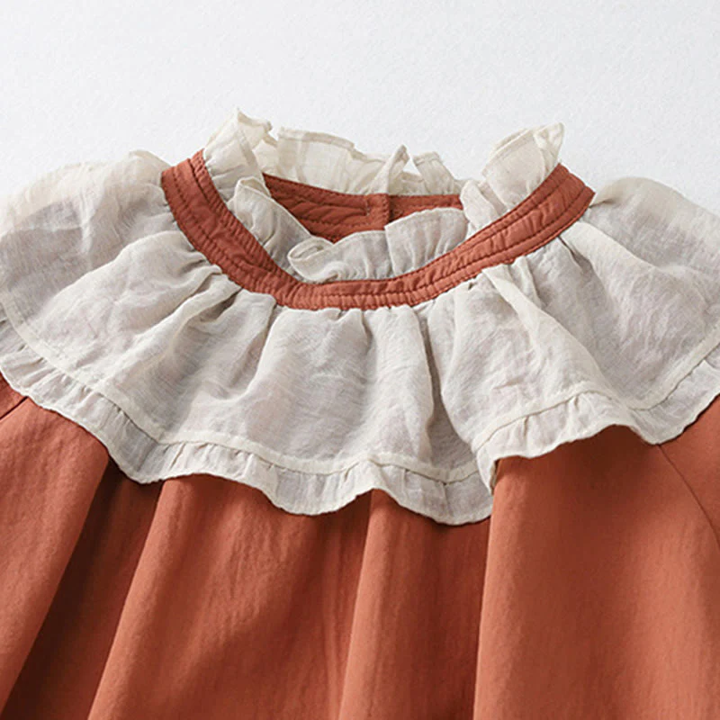 Buddha Stones Casual Ruffled Lace Patchwork Design Puff Sleeve Cotton Midi Dress With Pockets