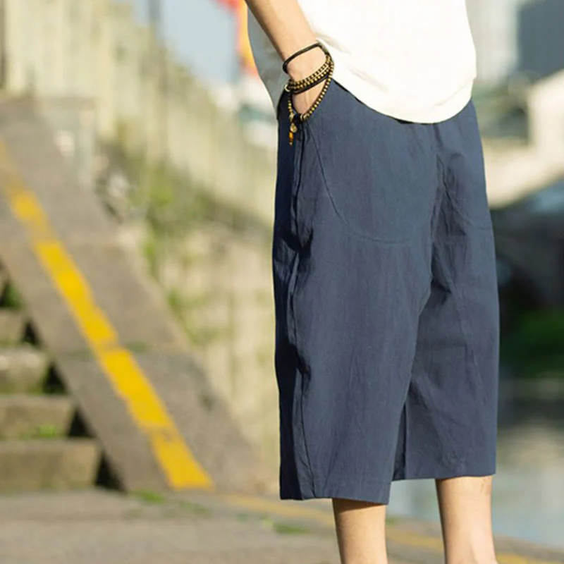 Buddha Stones Summer Plain Pleat Design Drawstring Men's 7-8 Length Cotton Linen Pants With Pockets