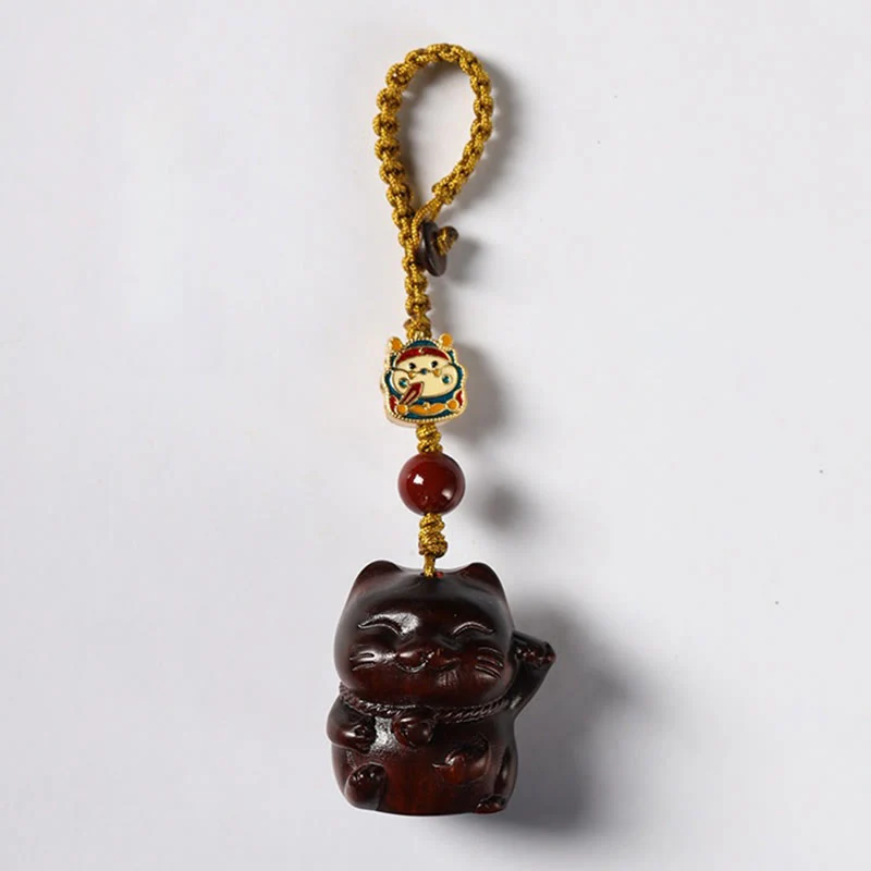 Buddha Stones Small Leaf Red Sandalwood Green Sandalwood Sandalwood Lucky Cat Protection Key Chain Phone Hanging Decoration