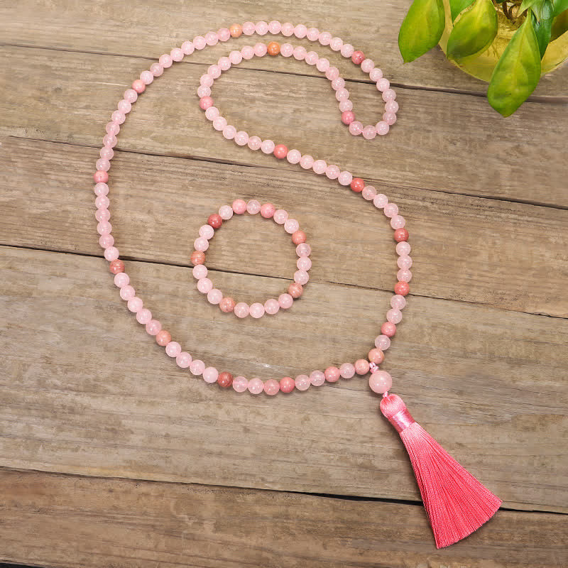 Buddha Stones 108 Mala Beads Pink Crystal Love Tassel Bracelet