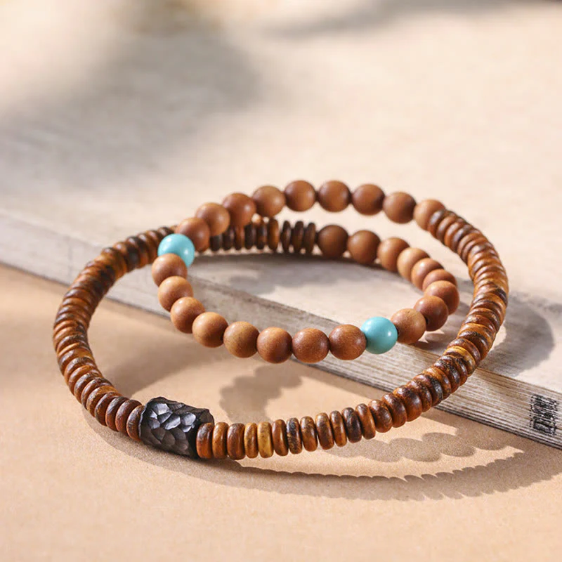 Buddha Stones Sandalwood Turquoise Protection Double Wrap Bracelet
