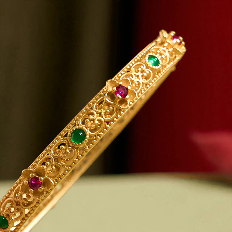 Buddha Stones Hollow Design Copper Plated Gold Flower Luck Bracelet Bangle