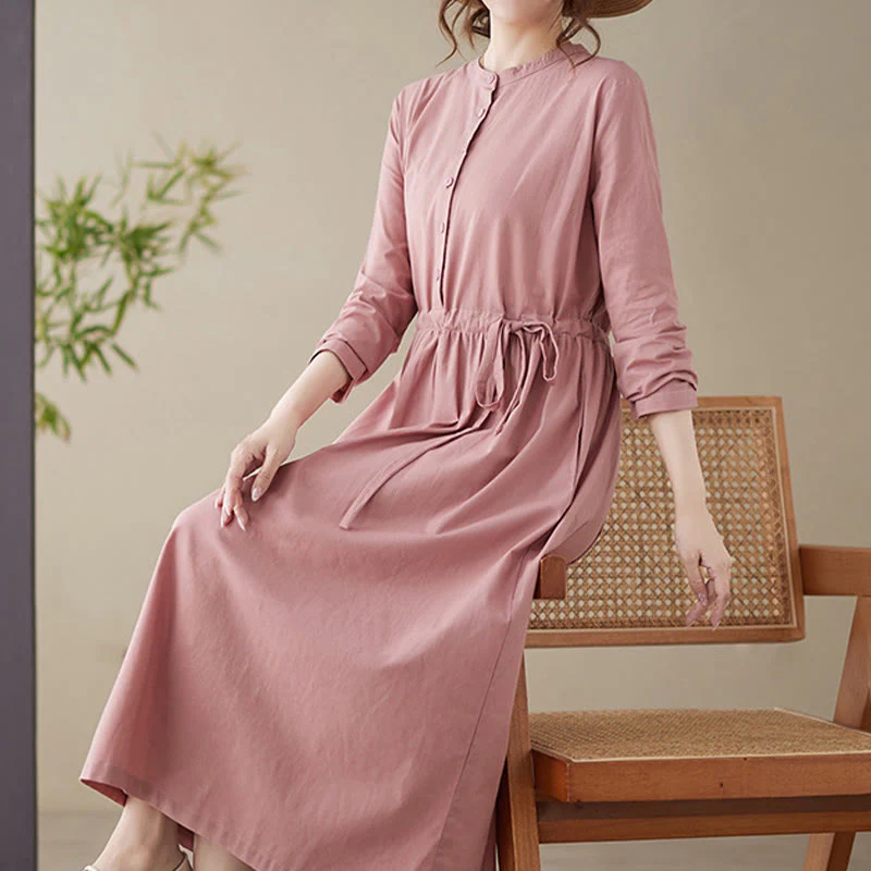 Buddha Stones Casual Plain Crew Neck Lace-up Cotton Linen Midi Dress With Pockets