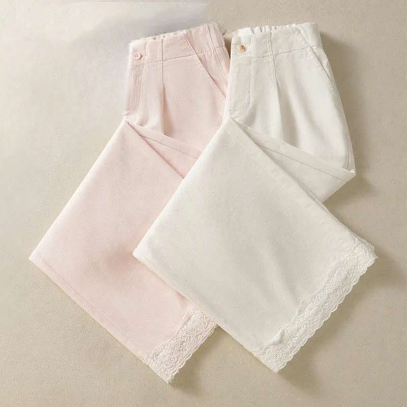 Buddha Stones Casual Lace Patchwork Design High Waist Women's Wide Leg Ankle-Length Pants With Pockets Zipper