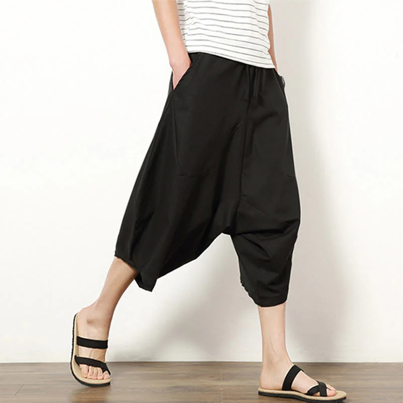 Buddha Stones Spring Plain Simple Patchwork Design Drawstring Cotton Linen Men's 7-8 Length Wide Leg Pants With Pockets