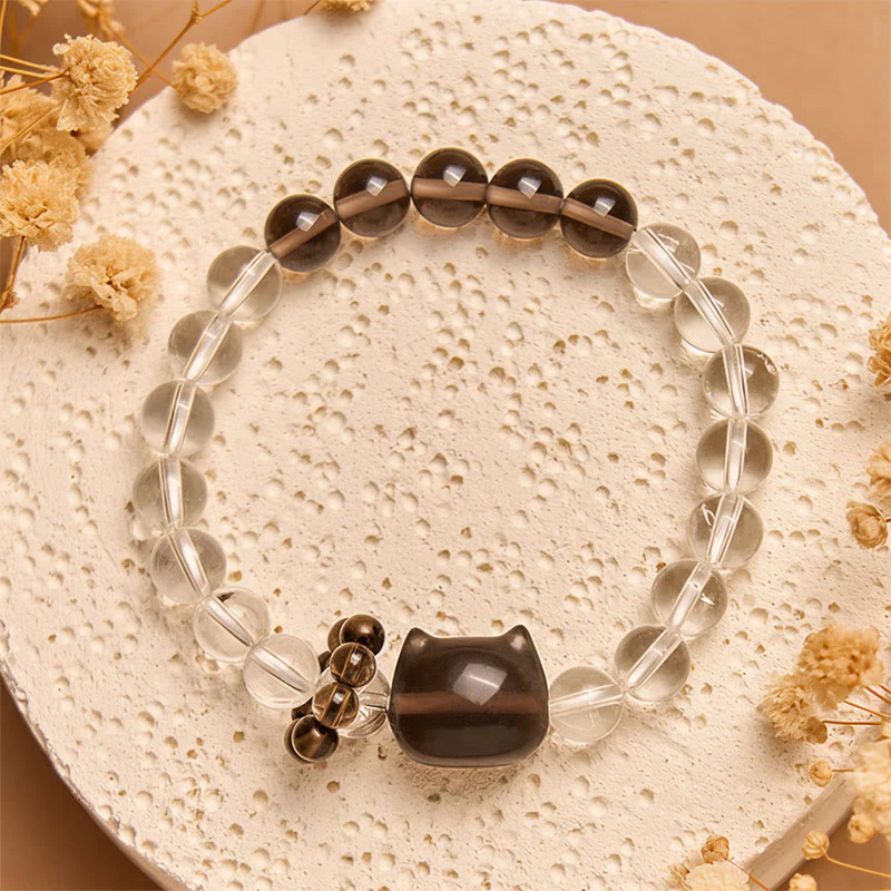 Buddha Stones Japanese Bobtail Cat Natural White Crystal Smoky Quartz Protection Bracelet