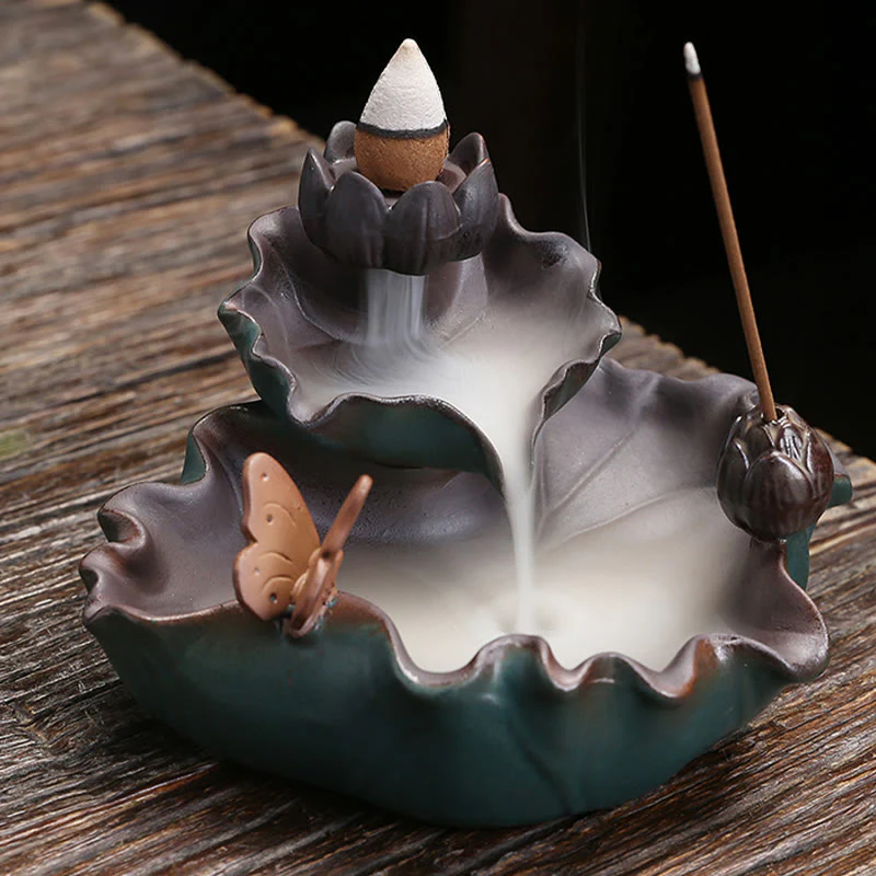 Buddha Stones Lotus Flower Leaf Frog Butterfly Pattern Healing Ceramic Incense Burner Decoration