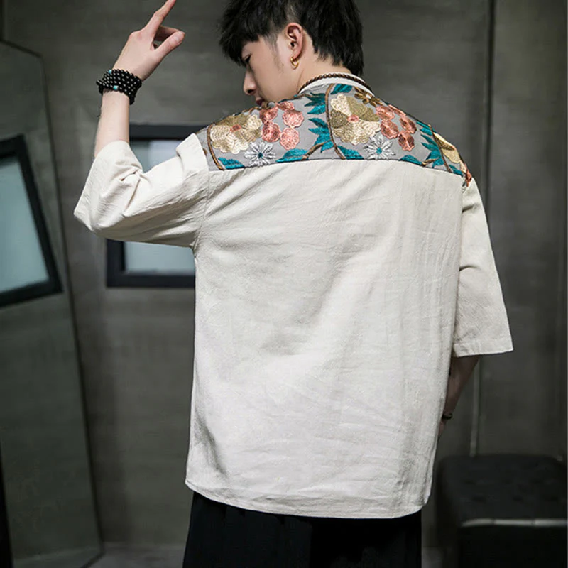 Buddha Stones Embroidery Patchwork Simple Design Three Quarter Sleeve Men's Cotton Linen Shirt