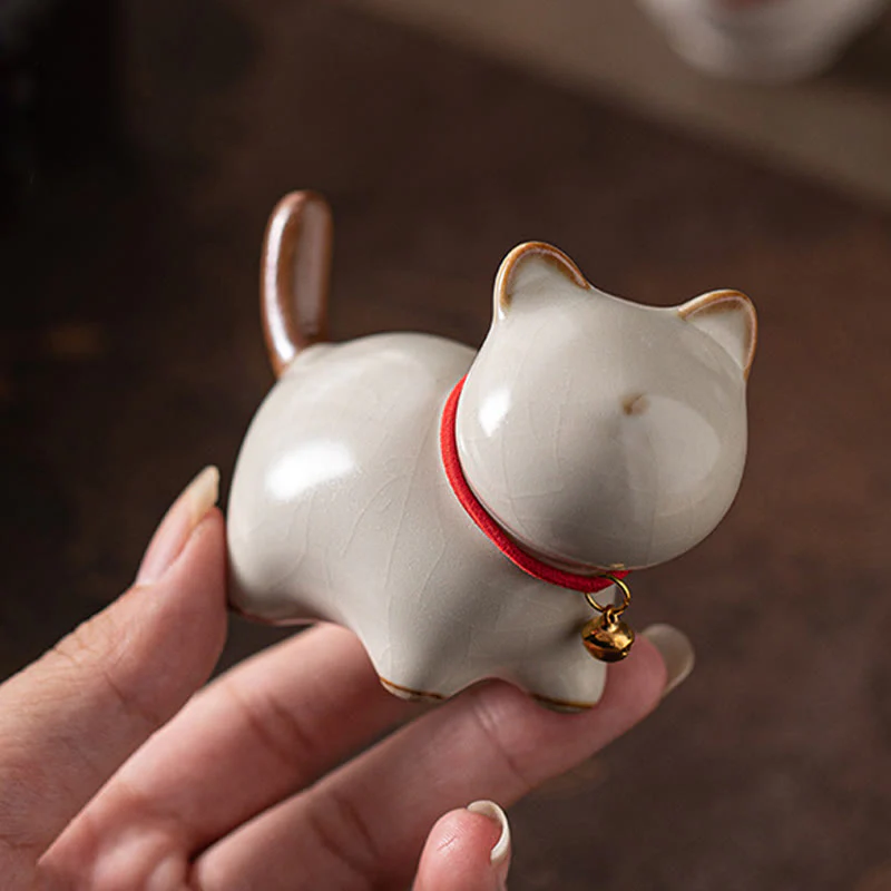 Buddha Stones Mini Lucky Cute Standing Cat Red Rope Bell Ceramic Figurine Decoration