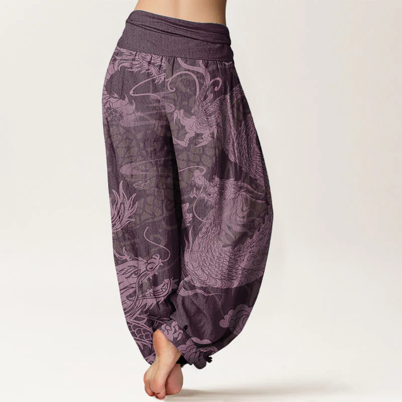 Buddha Stones Pure Cotton Dragon Auspicious Clouds Women's Elastic Waist Harem Pants