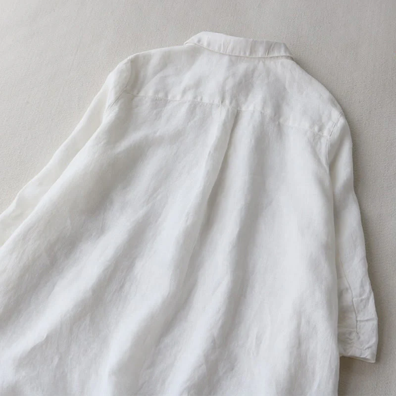 Buddha Stones Buttons Design Lapel Three Quarter Sleeve Cotton Linen Midi Dress With Pockets