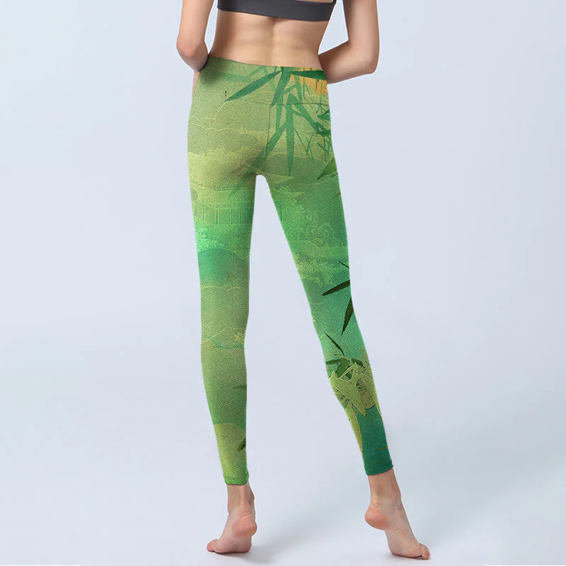 Buddha Stones Green Bamboo Pavilion Print Gym Leggings Women's Yoga Pants