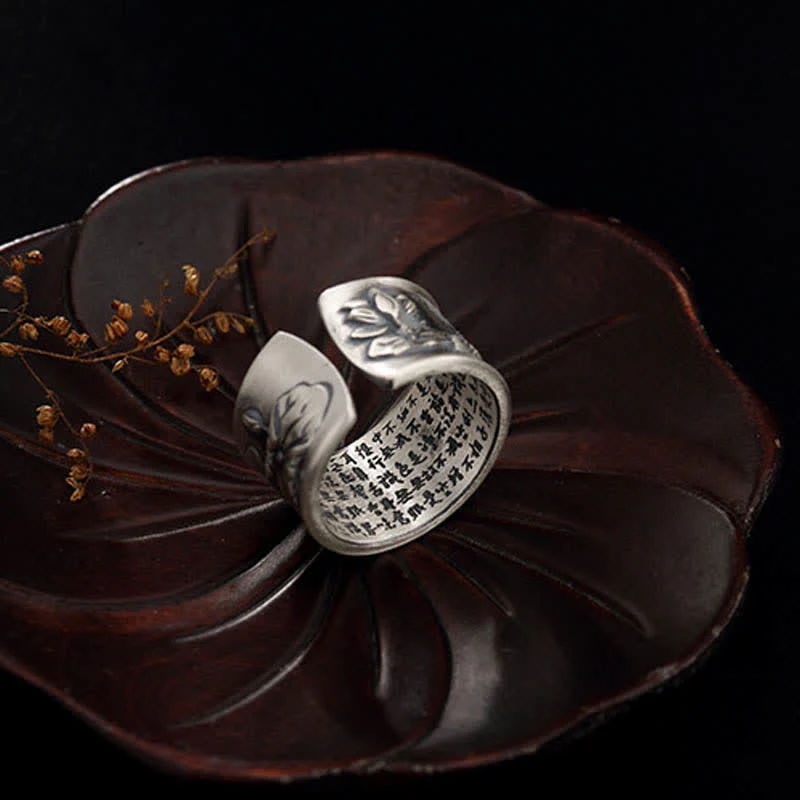 Buddha Stones 999 Sterling Silver Luck Koi Fish Lotus Heart Sutra Wealth Ring