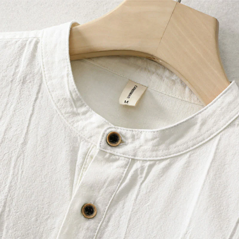 Buddha Stones Plain Pleats Half Buttons Design Stand Collar Men's Long Sleeve Cotton Linen Shirt