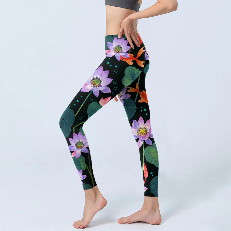 Buddha Stones Blooming Light Purple Lotus Flower Lotus Leaves Koi Fish Pattern Print Gym Leggings Women's Yoga Pants