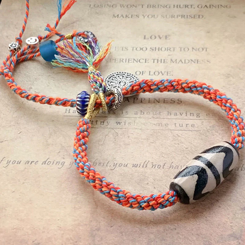 Buddha Stones Tibetan 925 Sterling Silver Om Mani Padme Hum Handmade Dzi Bead Protection Braid Bracelet